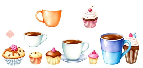 Charming watercolor coffee cups, mugs, cupcakes & sweet treats Perfect for cafe menus & whimsical designs,  hot drink,  image