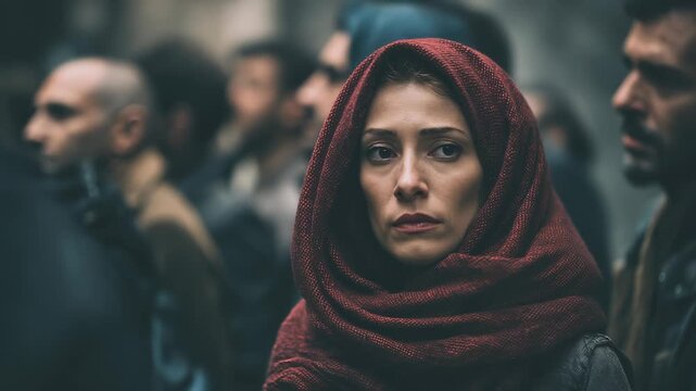 A woman in a hijab being stared at by strangers in a public space