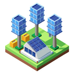 Isometric illustration of a house with solar panels and tall solar towers