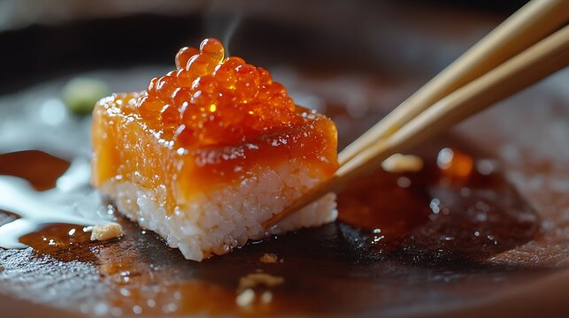 Uramaki sushi ikura maki with chilli sauce chopsticks ingver