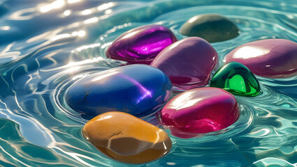 Colorful stones with rippling water reflections