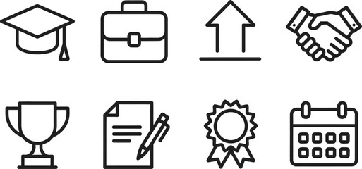 Business Success Icons Set in Outline Style Graduation, Briefcase, Handshake