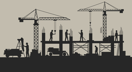 Black Silhouette Vector of Construction Site with Cranes and Urban Skyline for City Development Design