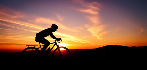 Silhouette of cyclist biking at sunset, mountain backdrop,  landscape,  sun