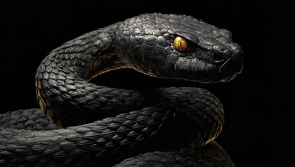 Fototapeta premium Black Snake with Golden Eyes Coiled into Artistic Shape on Dark Background