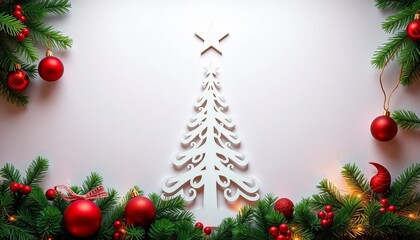 Paper cut Christmas tree, star, ornaments, greenery, modern background,  illustration,  holiday