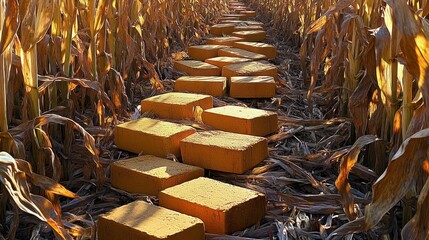Pathway of Yellow Blocks Through a Cornfield at Sunset Glow