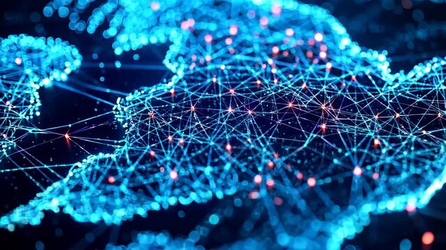 Futuristic map of Great Britain. Networked tech map with glowing neon lines, dots. Abstract concept of British island interconnected in digital network video