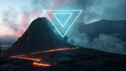 Glowing Neon Triangle Over Volcanic Landscape abstract