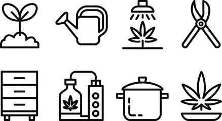 Collection of Line Art Icons Sprout Watering Can Cannabis Plant Equipment Tools © MDABDUS