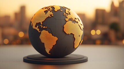 The image shows a globe with golden continents on a dark gray sphere, set against a blurred cityscape at sunset, evoking themes of global connection.
