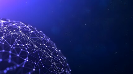 The image shows a stylized, glowing white network of linked nodes forming a partial sphere against a dark blue background with scattered, simulated starlight.