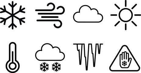 Collection of weather icons Snowflakes cloud windy sun thermometer icicles cold