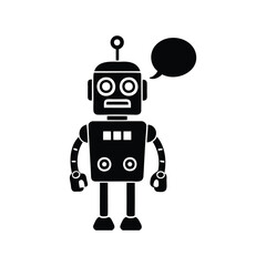 Illustration of a retrostyle robot with a speech bubble, in black silhouette