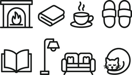 Cozy Home Icons Set with Fireplace Sofa and Sleeping Cat in Outline Style