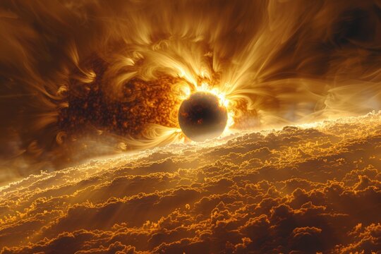 Dynamic cosmic phenomenon unfolds with powerful solar flare engulfing mysterious planet above glowing horizon of radiant fiery clouds.
