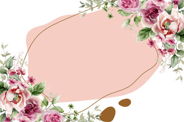 Elegant watercolor floral frame with pink roses and greenery, featuring a delicate gold line on a soft pastel background for invitations.