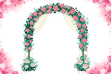 An elegant wedding arch adorned with lush pink roses and verdant foliage, a romantic watercolor design for ceremonial decor.