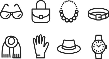 Fashionable Accessories Line Art Sunglasses, Bag, Jewelry, Belt, Scarf, Glove, Hat, Watch