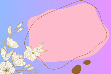 Abstract floral background with minimalist golden line art flowers and a pink frame for text on a soft pastel gradient.