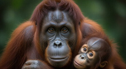 Fototapeta premium An intimate wildlife portrait of a mother orangutan and her baby, showcasing their deep maternal bond in the rainforest