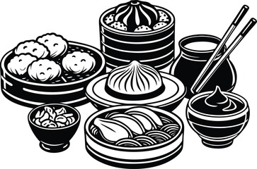 Assortment of delicious chinese dim sum dumplings and buns in bamboo steamer baskets