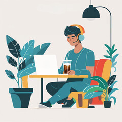 Young man with headphones working on laptop and drinking iced coffee in a modern, plant-filled workspace, exuding a calm and focused atmosphere for remote work or creative projects