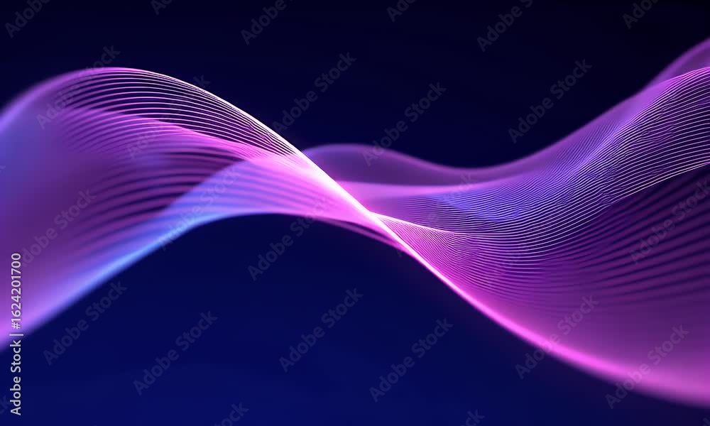Wall mural a dark purple background with pink and blue lines of light, creating an abstract wave pattern.