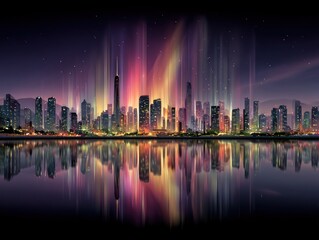 Fototapeta premium City skyline at night with vibrant lights reflected