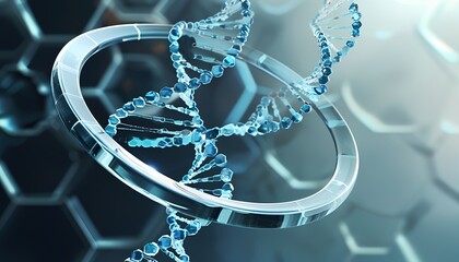 Futuristic 3d rendering of a glowing blue dna helix with a circular metallic structure against a hexagonal background symbolizing science and technology