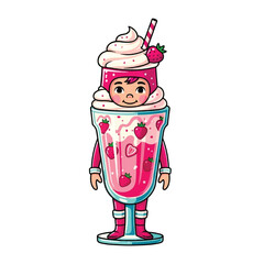 A cheerful child dressed in a strawberry milkshake costume, complete with whipped cream and a straw.