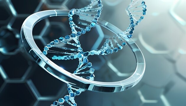 Futuristic 3d rendering of a glowing blue dna helix with a circular metallic structure against a hexagonal background symbolizing science and technology