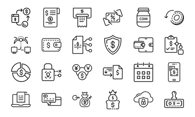 Finance and Payment Line Icon Set 24 Minimal Vector Icons for Wallet, Budget, Coins, Charts, Secure Payment, and Online Banking UI Design