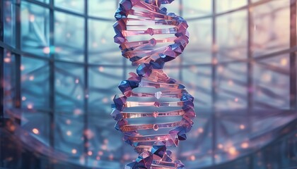 A vibrant glowing double helix dna strand is prominently displayed against a blurred futuristic background with bokeh lights and geometric structures symbolizing life science and genetic research