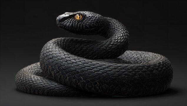 Black Snake with Golden Eyes Coiled into Artistic Shape on Dark Background