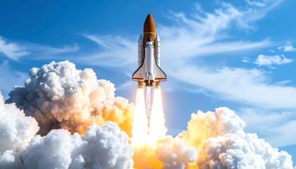 Space shuttle ascending through vibrant clouds and a clear blue sky