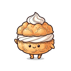 Cute cartoon cream puff character with a smiling face and arms and legs, standing on a white background.