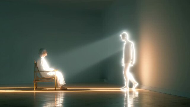 A serene, ethereal scene depicting a seated figure illuminated by a glowing presence, evoking themes of connection and transcendence. Reflects spiritual journeys akin to mystical texts.