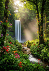 Mystical Jungle Waterfall in Lush Tropical Forest – Serene Nature Scene with Sunlight and Mist