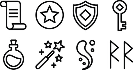 Icon Set of Fantasy Elements, Scroll, Star, Shield, Key, Potion, Magic, Rune, Flat