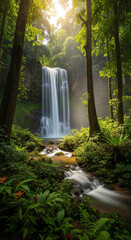 Mystical Jungle Waterfall in Lush Tropical Forest – Serene Nature Scene with Sunlight and Mist