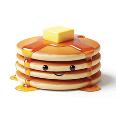 A stack of four pancakes with a smiling face, topped with butter and dripping syrup on a white background.