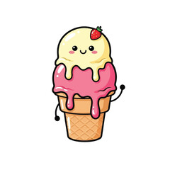 A cute cartoon ice cream cone with two scoops, strawberry topping, and a happy face.