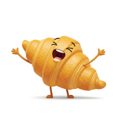 A cartoon croissant character with exaggerated features, joyfully expressing excitement.