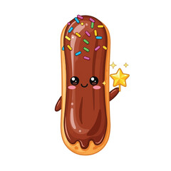 Adorable chocolate eclair pastry character with sprinkles, holding a magic star wand.