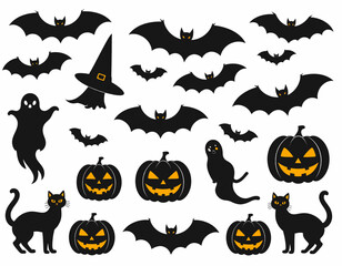 Spooky Halloween fun design featuring bats, black cats, ghosts, pumpkins and a witches hat