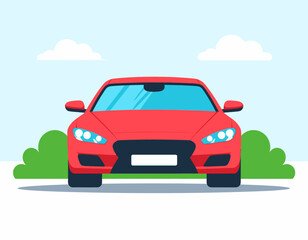 Bold red car parked on a sunny day with puffy white clouds in the background illustration