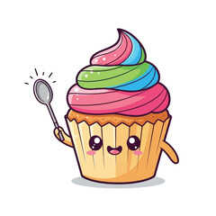 A cheerful cupcake cartoon character holds a spoon, showcasing vibrant frosting swirls.