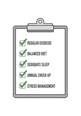 Clipboard with a health and wellness checklist showing completed goals like exercise diet and stress management.
