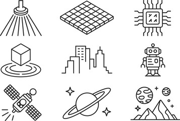 Line Art Icon Set Showing Modern Technology Futuristic Science and Space Exploration